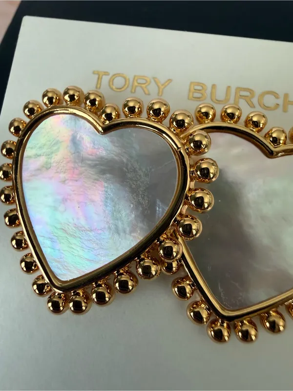 Tory Burch | Gold Plated Mother-of-Pearl Heart Earrings | Medium/Large - Image 2