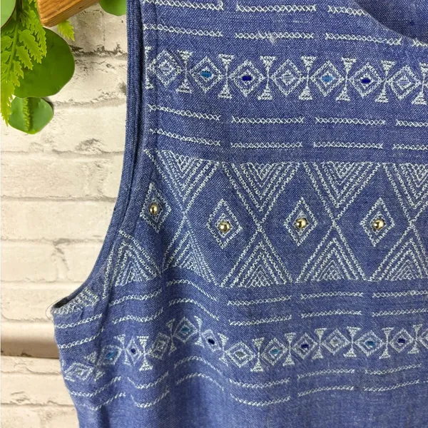 Vintage Stonebridge Linen Blend Geometric Ikat Embroidered Studded Tank - Image 4