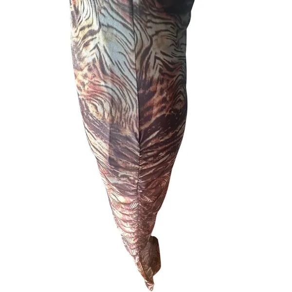 Y2K PrettyLittleThing Brown Zebra Mesh Ruched Maxi Dress Size 4 Bodycon - Image 4