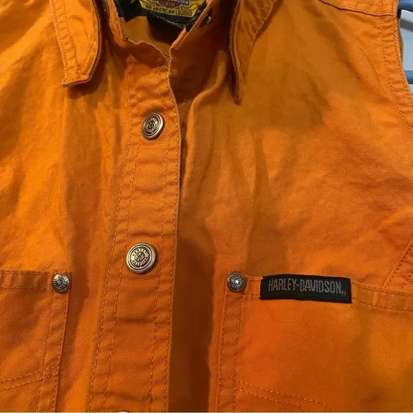 Harley Davidson Moto Sleeveless Orange Button Down Shirt Size Small - Image 4
