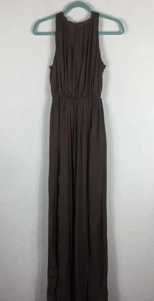Zara Empire Waist Brown Satin Open Back Slit Maxi Dress Size XS - Image 4