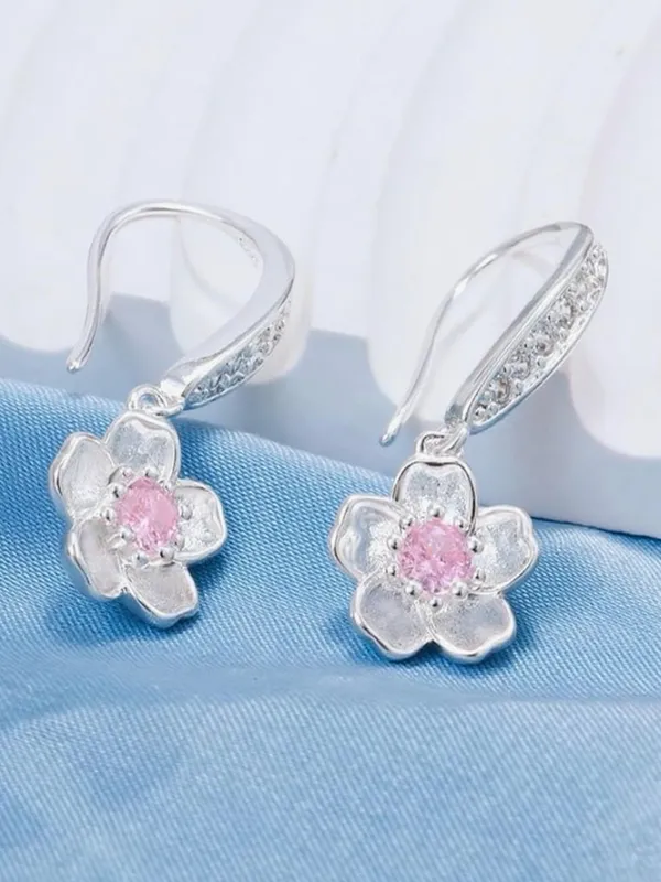 Sterling Silver 925 Floral Drop Earrings with Pink Crystal Center - Image 3
