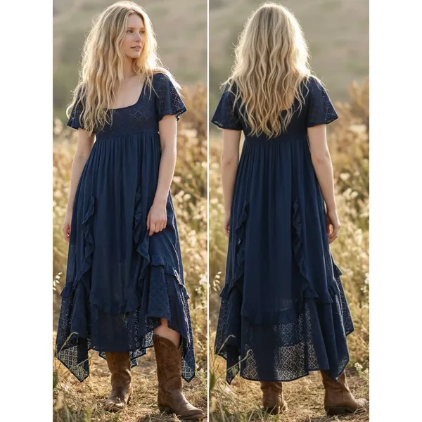 Free People Ethereal Bohemian Bring The Romance Maxi Dress Midnight Blue Small - Image 4