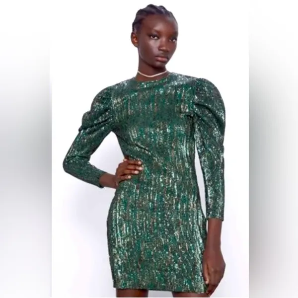 ZARA Sequin Puff Long Sleeve Special Limited Edition Emerald Green &‎ Gold Dress - Image 3