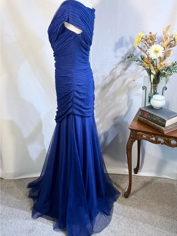 ☀️Tadashi Shoji Cobalt Blue Ruched Arymetric Draped Chiffon Evening Gown Sz 4🧡 - Image 6