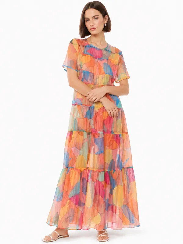 Sheer Multicolor Abstract Print Tiered Maxi Dress Short Sleeve Rainbow Medium - Image 2