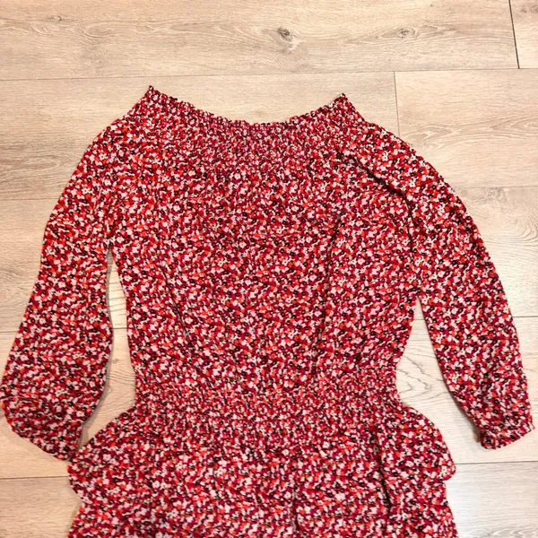 MICHAEL KORS Sangria Floral Smocked Ruffle‎ Off the Shoulder Dress Red Medium M - Image 3