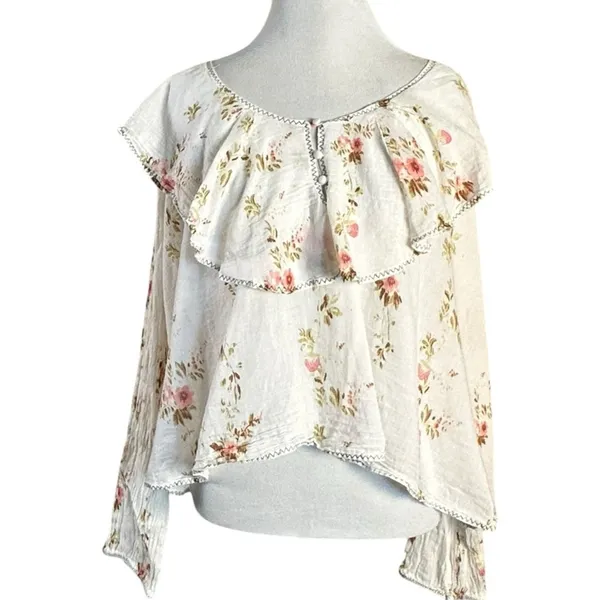 Free People Dainty Ethereal Ruffle Camilla Floral Gauze Blouse Medium Cottage - Image 8