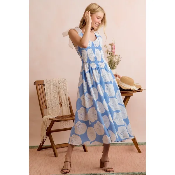 SO ME Shell Smocked Bodice Shoulder Tie‎ Lined Midi Dress - Blue - Large - Image 11