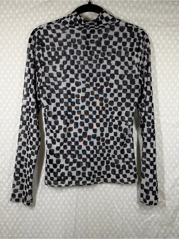Anthropologie Black White Polka Dot Sheer Long Sleeve Mock Neck Top - Image 4