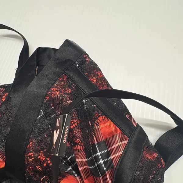Victorias Secret Med Red Black Plaid Lace Satin Bustier‎ Longline Bra Very Sexy - Image 16