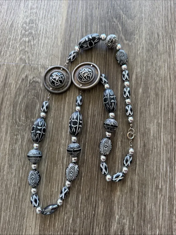 Bohemian whimsy goth witchy black white long necklace beaded medallions - Image 2