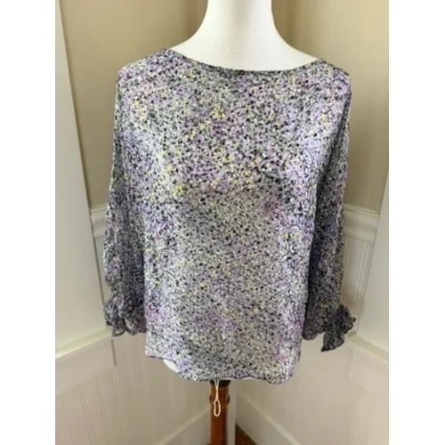White House Black Market Burnout Floral Ruffle Cuff Blouse Size MP‎ - Image 2