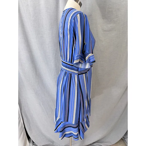 Band Of Gypsies Blue Striped Faux Wrap Dress Flutter Sleeve‎ Ruffle Hem L - Image 7