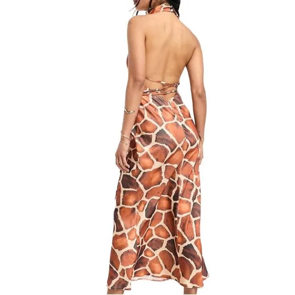 ASOS Design Satin Cowl Neck Halter Midi Tie Wrap Waist in Brown Animal, Size 8‌‌ - Image 6
