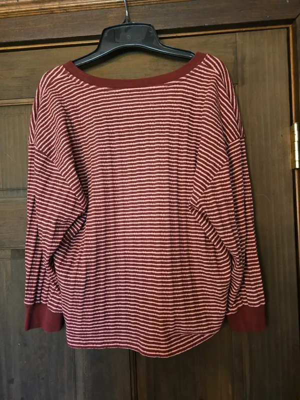 O Anthropologie Striped V-Neck Pullover in Burgundy and Cream Medium - Image 5