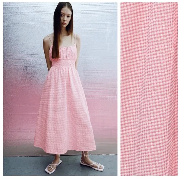 Zara Dress‎ Womens Medium Pink Gingham Smocked Waist Midi Summer Cotton - Image 2