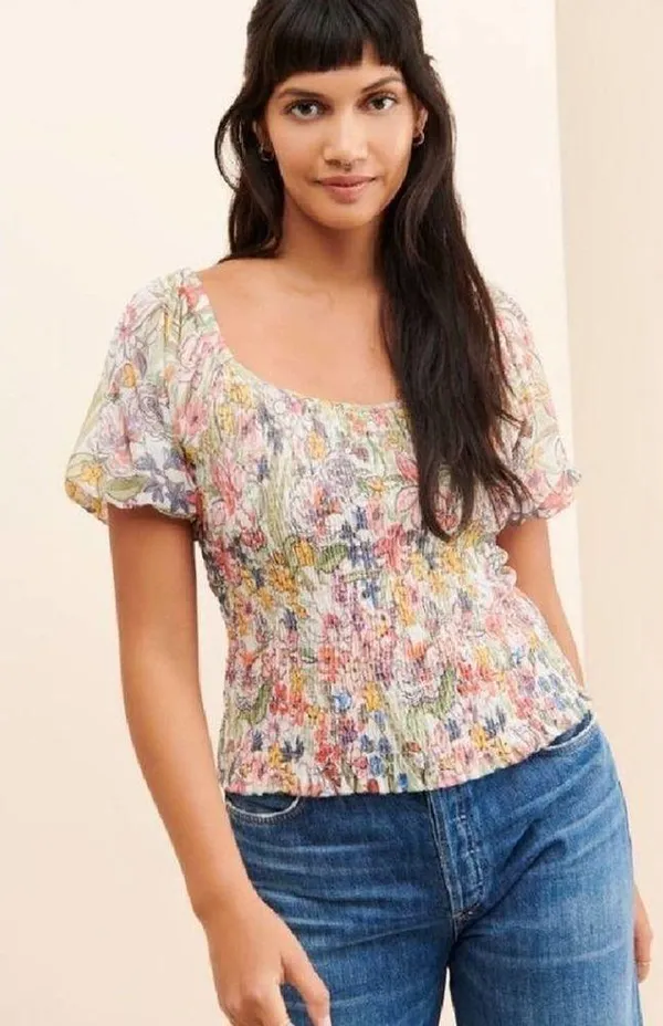 Anthropologie Aurelia Smocked Top Floral Cream Size M Balloon Sleeve Ruching - Image 2