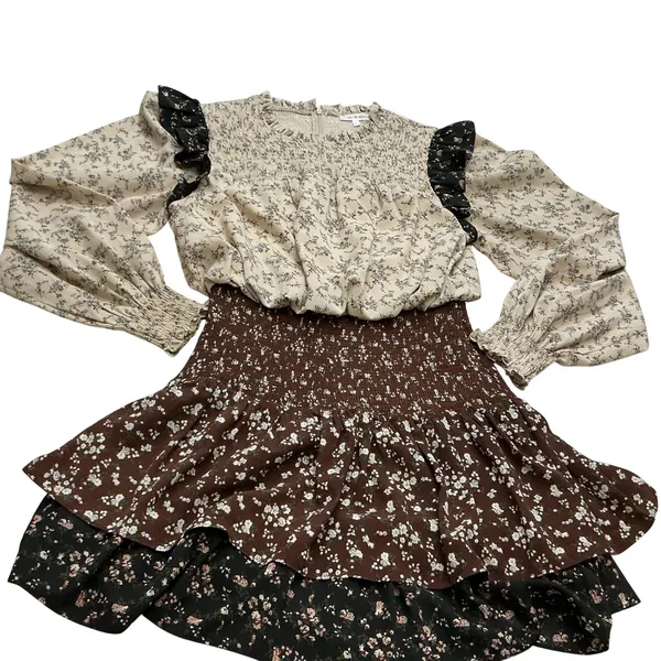 Free The Roses Floral Ruffle Mini Dress Smocked High Neck Tiered Brown Cream S‎ - Image 9