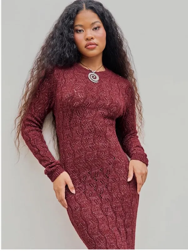 NWT Cider Burgundy Long Sleeve Knit Maxi Dress Size Medium - Image 6