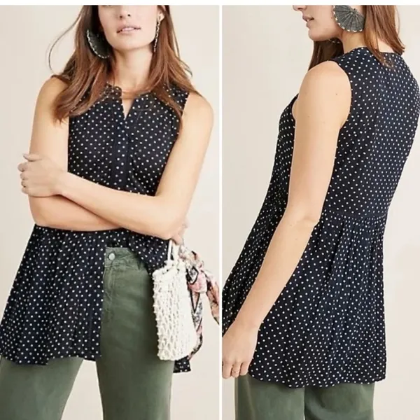 Anthropologie Nia Polka Dot Sleeveless Tunic Top Womens M Babydoll Blouse Preppy - Image 2