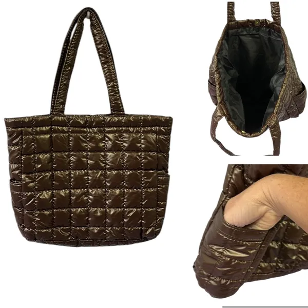 Source Unknown Brown Puffer Quilted Tote Bag Shoulder Bag 14 x 12 x 3.5 Inches - Image 2