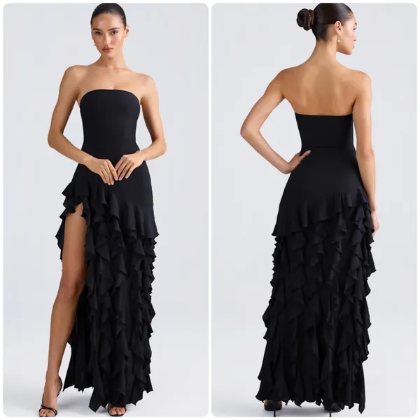 Oh Polly Diletta Ruffle-Trim Strapless Gown Maxi Dress in Black Size 2 New - Image 2