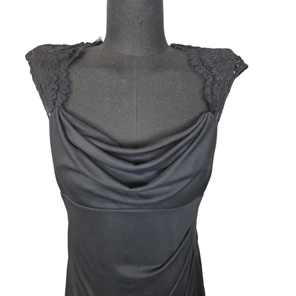 Black Lace Cap Sleeve Dress Sz 8 Cowl Neck Ruched Flattering Cocktail HOCO Gala - Image 2