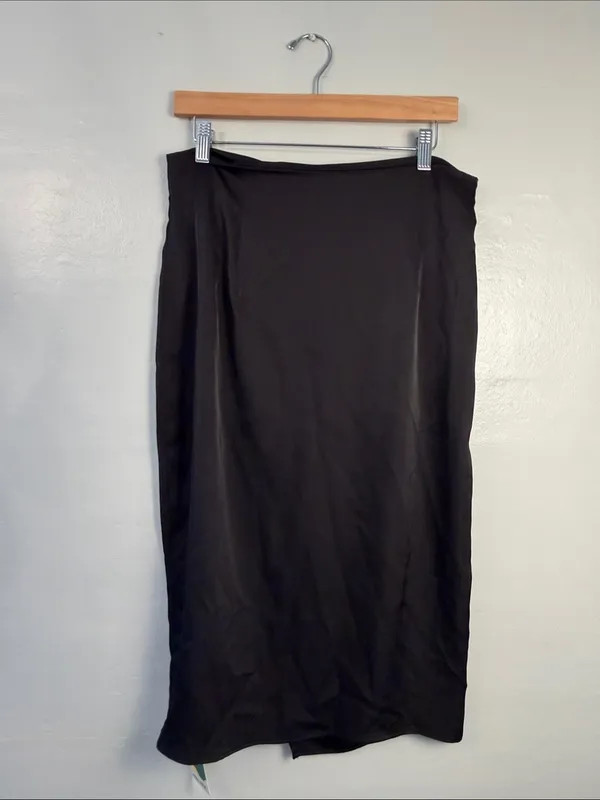 HALARA Black Satin Draped Midi Skirt faux wrap size 12 - Image 6