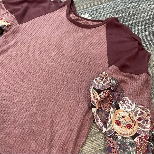 Umgee Waffle Knit Balloon Sleeve Sweater Top Sz Large Boho Patchwork - Image 14