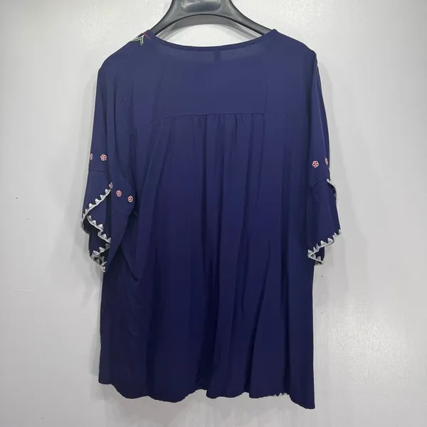 Ashir Aley Blue Embroidered Floral Boho Flowy Short Sleeve Top Size Large - Image 6