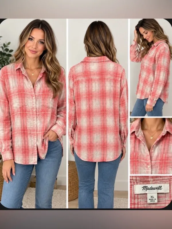 Madewell Coral and Cream Plaid Button-Down Shirt size xl - Image 2