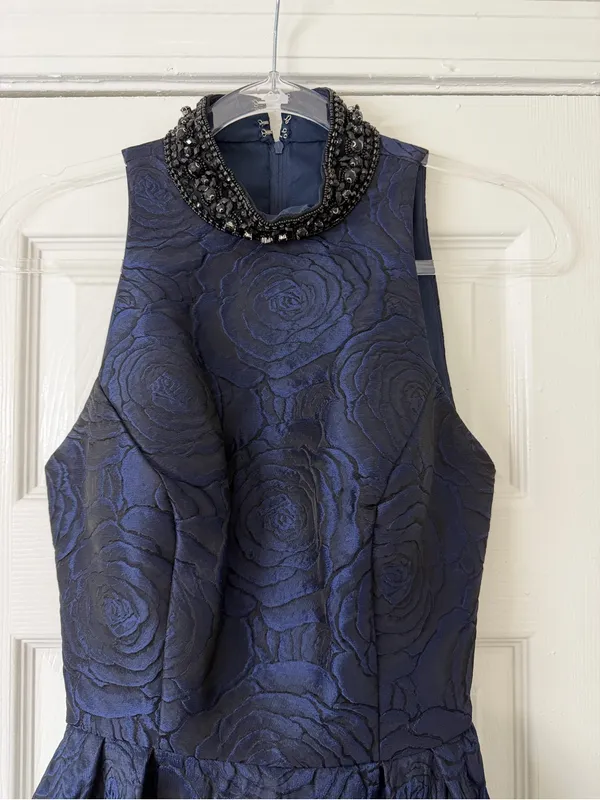 Sherri Hill Navy Halter Fit & Flare Cocktail Dress with Beaded Collar Size 6 Y2K - Image 2