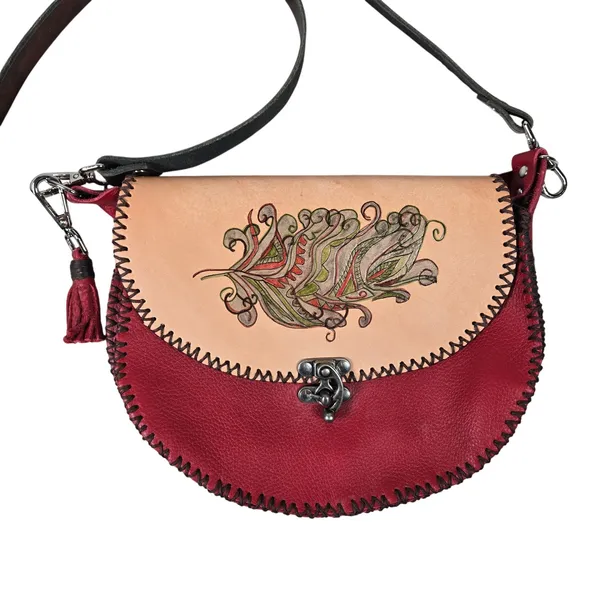 Handcrafted Tooled Leather Feather‎ Crossbody Bag Red Tan Whipstitch Boho Purse - Image 3