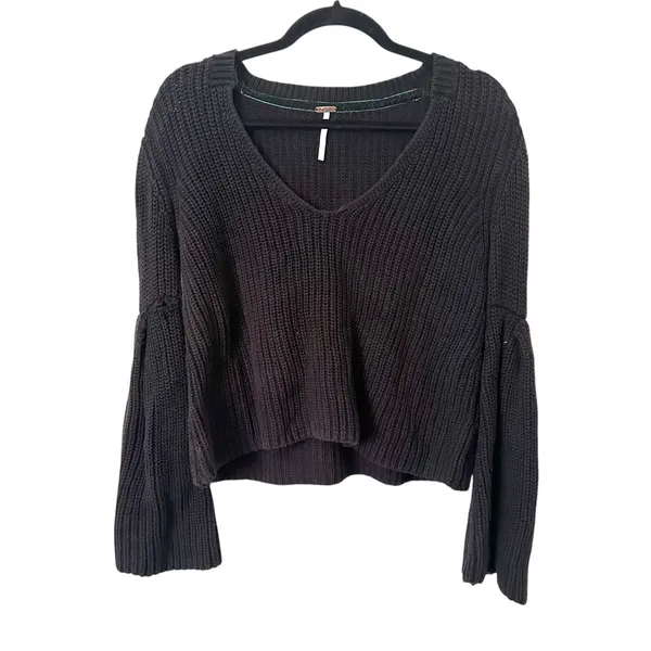 FREE PEOPLE Damsel Flare Sleeve Ribbed Knit Sweater Black‎ Small - Image 2