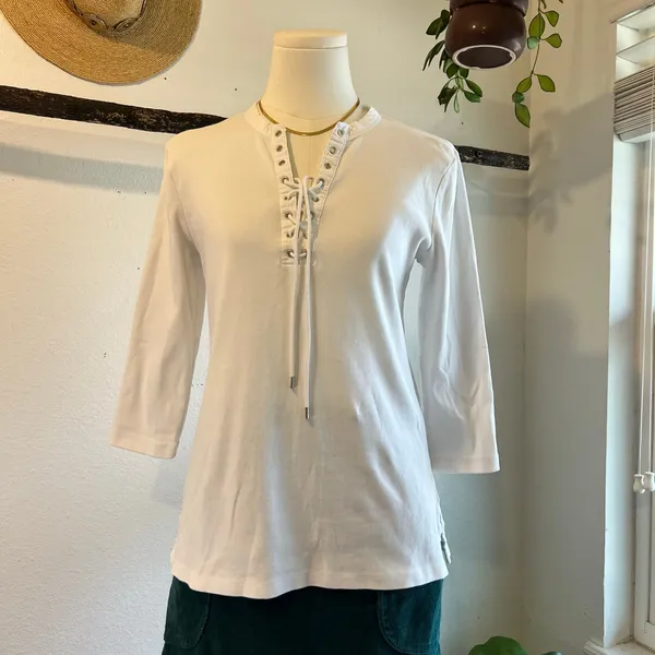 Ralph Lauren White Ribbed Lace Up Western Long Sleeve Cotton Top Size Medium - Image 2