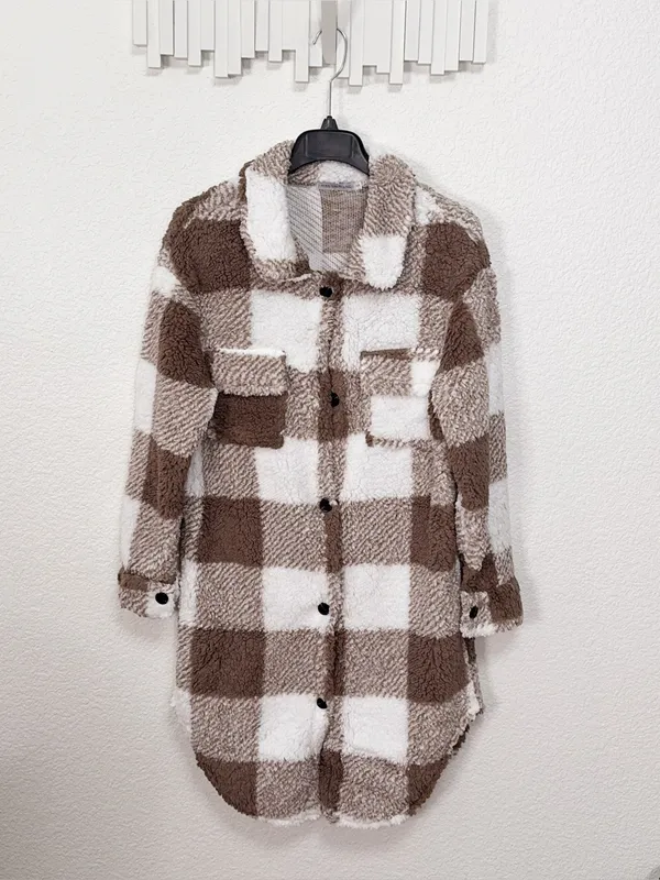 Miss Sparkling Brown Plaid Sherpa Shacket Oversized Longline Teddy Fleece Jacket - Image 2