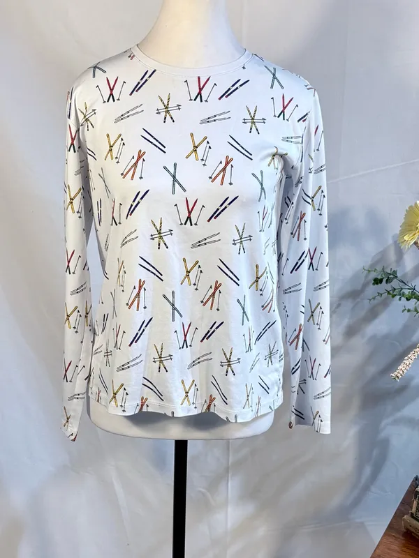 💥LAKE Pajamas Pima Cotton Long Sleeve Ski Print Pajama Top (ONLY) White Sz S💛 - Image 3