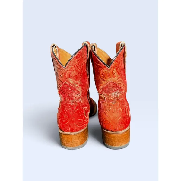 Vintage Dan Post Red Tooled Leather Cowboy Boots Women 7.5 M Square Toe Western - Image 6