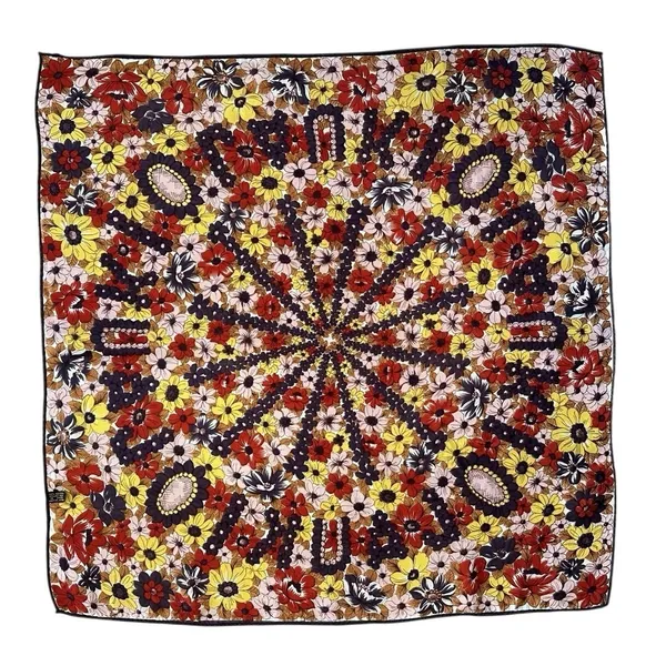 Vintage 1970s Floral Scarf‎ Made in Japan Rolled Hem Mod Brown Pink Autumn 25x25 - Image 9