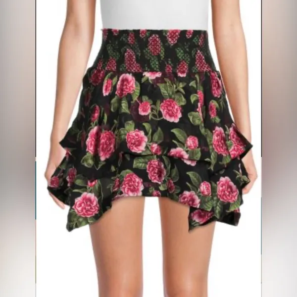 NWT ALICE + OLIVIA Zarya Asymmetrical Smocked Mini Skirt Cheri Floral Sz 2 $395‎ - Image 3