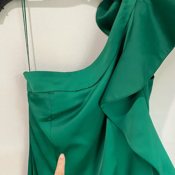 Mango One Shoulder Ruffle Maxi Dress 8 Dark Green Rose Detail Formal Chic‎ - Image 10