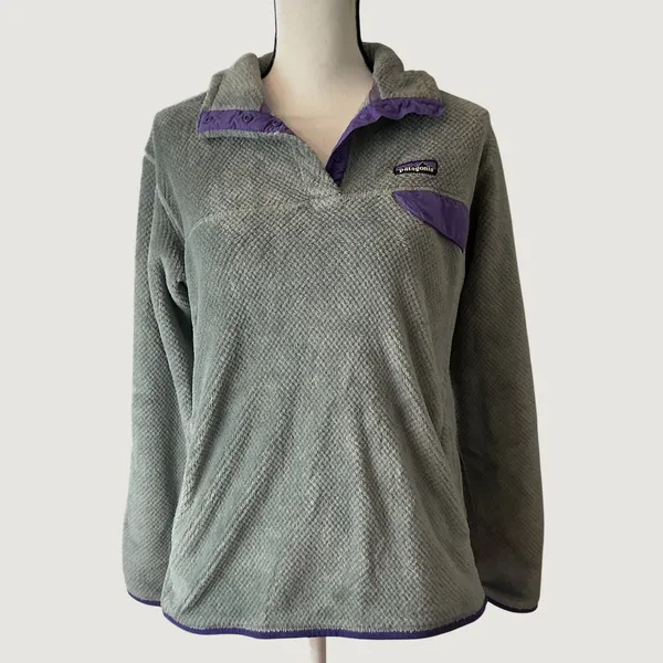 Patagonia Re-Tool Snap-T Fleece Pullover Grey Purple Trim Womens XL - Image 2