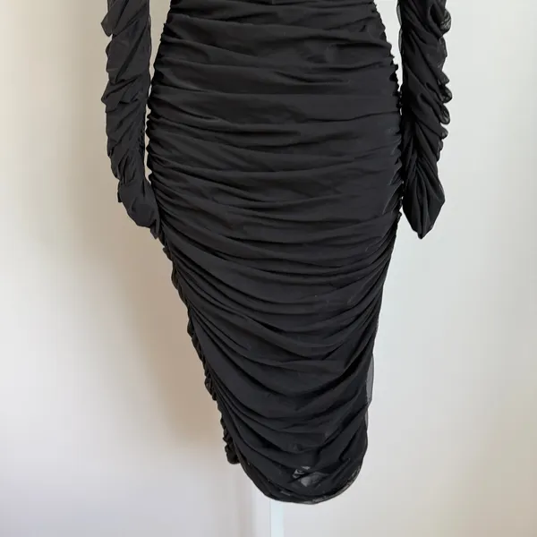 House of CB Black Ruched Mesh‎ Off Shoulder Long Sleeve Bodycon Dress - Image 4