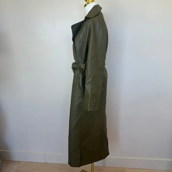 Rosetta Getty Olive Green Faux Leather Trench Coat SMALL Belted Office Work $555 - Image 10