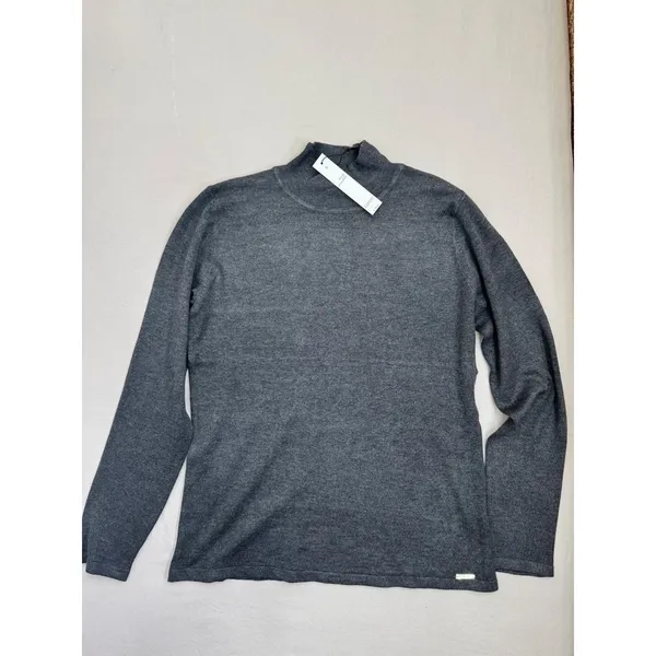 T Tahari Womens Mock Neck Sweater Top Size S Dark Grey Soft Knit Metallic Logo - Image 2