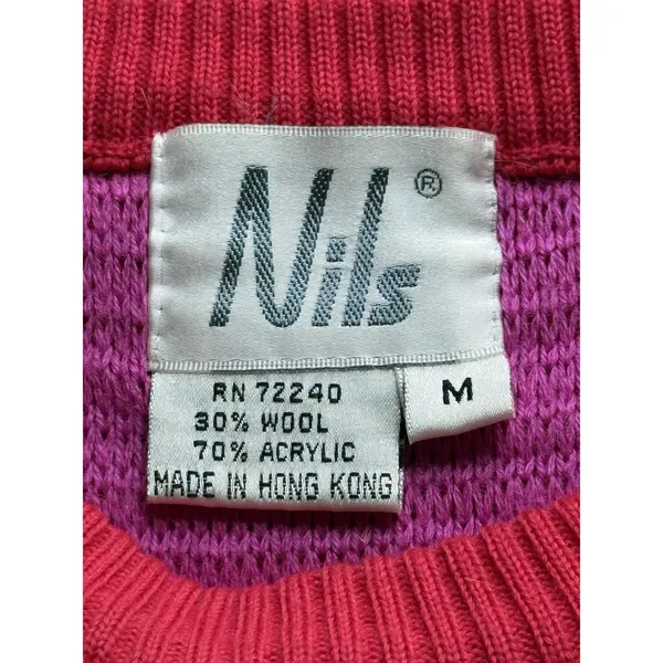 Nils Vintage Sweater Size Medium‎ Red Pink Geometric Pullover Ski 80s Wool Blend - Image 2
