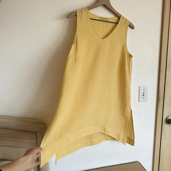 Cut Loose 100% Linen V-Neck Tunic Top M Butter Yellow Lagenlook Minimalist USA - Image 3