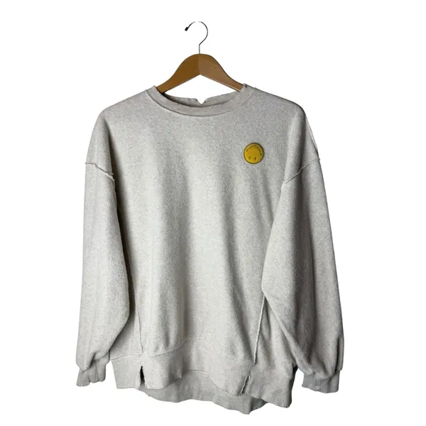 Aerie The Chill Cozy‎ Crew Sweatshirt Women XS Cream Smiley Face Distressed - Image 2