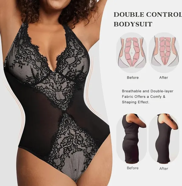 Shapewear Bodysuit V Neck Tummy Control Tank Tops Low Back Thong Bodysuit - Image 2